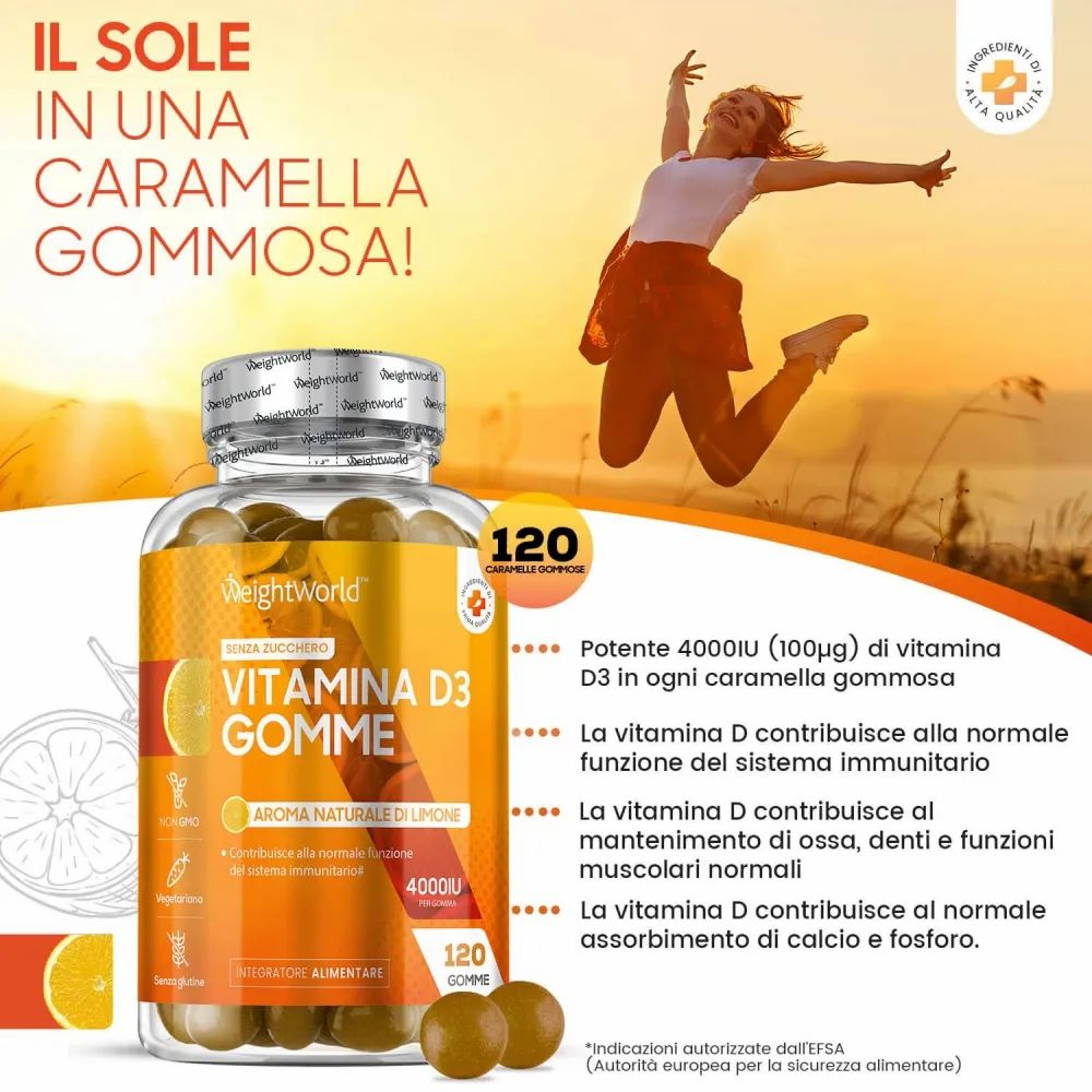 Caramelle gommose in mano. Scritta: Vitamina D3 Gomme, senza zucchero, 4000 UI. Vegetariano, senza OGM, senza glutine. Testo in italiano.