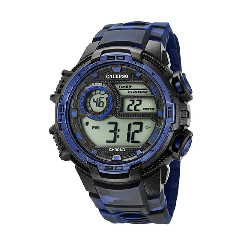 Orologio digitale con cinturino blu e nero. Visualizzazione di ora, data e cronometro. Marchio CALYPSO.