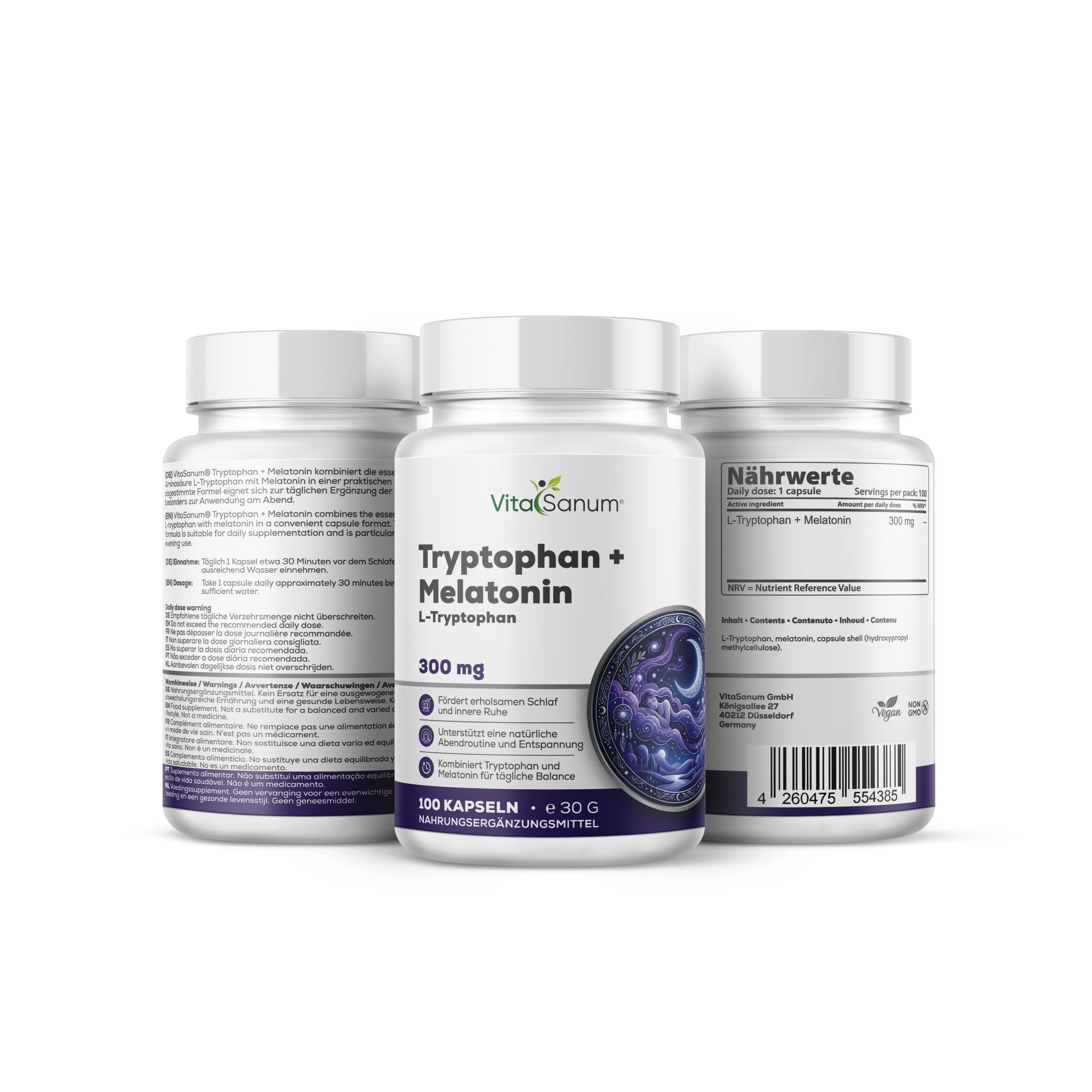 Capsule VitaSanum L-Triptofano + Melatonina: Tre contenitori da 100 capsule, ciascuna con 300 mg di L-Triptofano e 1 mg di Melatonina. Informazioni nutrizionali visibili.