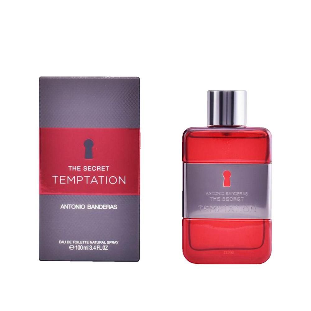 Flacone rosso e confezione. Scritta: The Secret Temptation. Marchio: Antonio Banderas. Eau de Toilette.