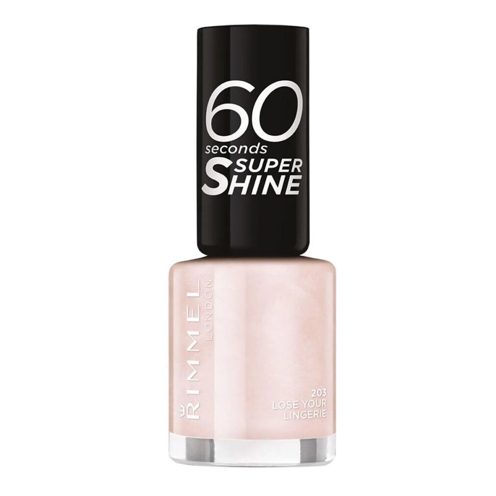 Smalto per unghie Rimmel London. Flacone rosa con tappo nero. Scritta: 60 seconds Super Shine. Tonalità: Lose Your Lingerie.