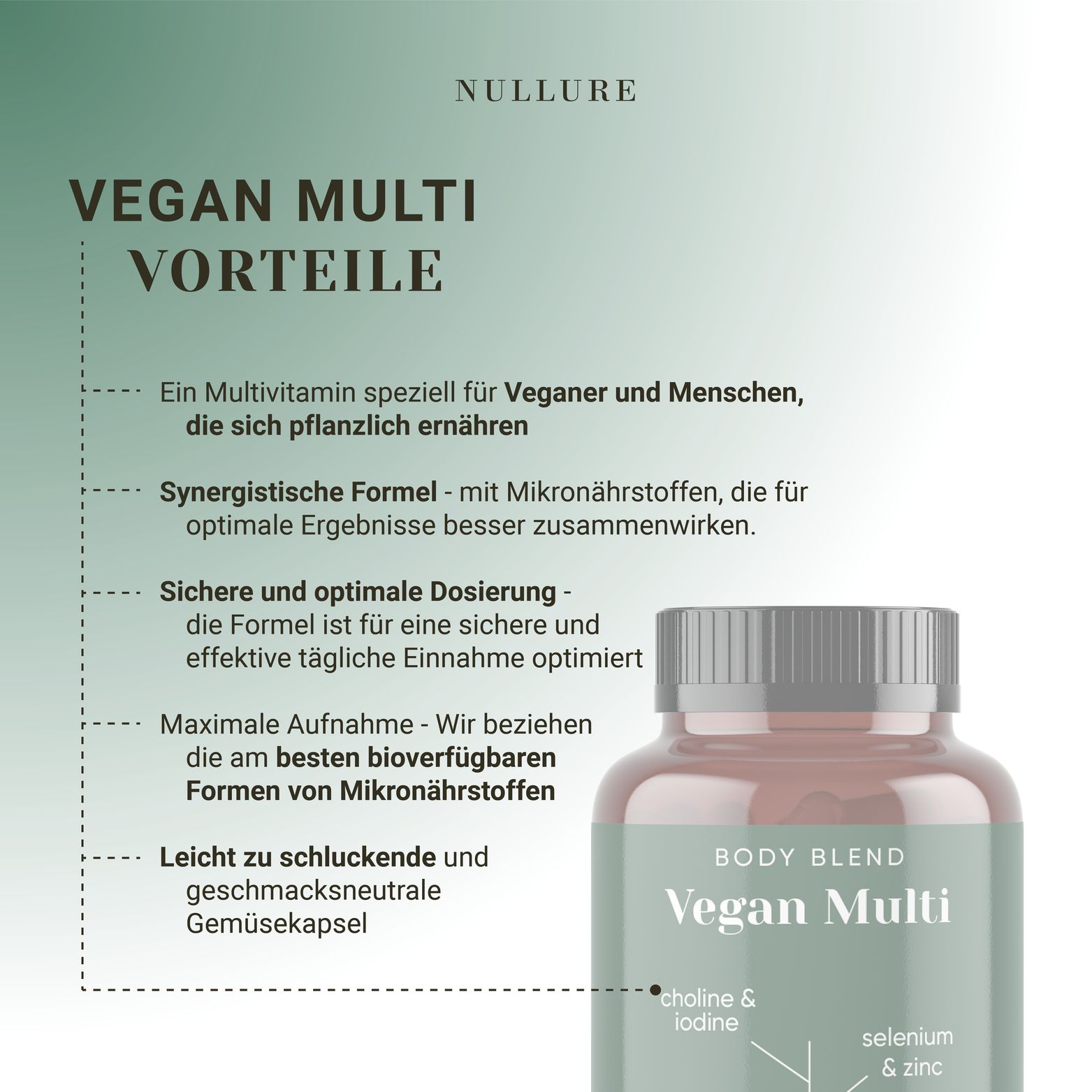 Flacone marrone con scritta verde "Vegan Multi". Contiene capsule. Testo: Vantaggi, formula sinergica, dosaggio sicuro.