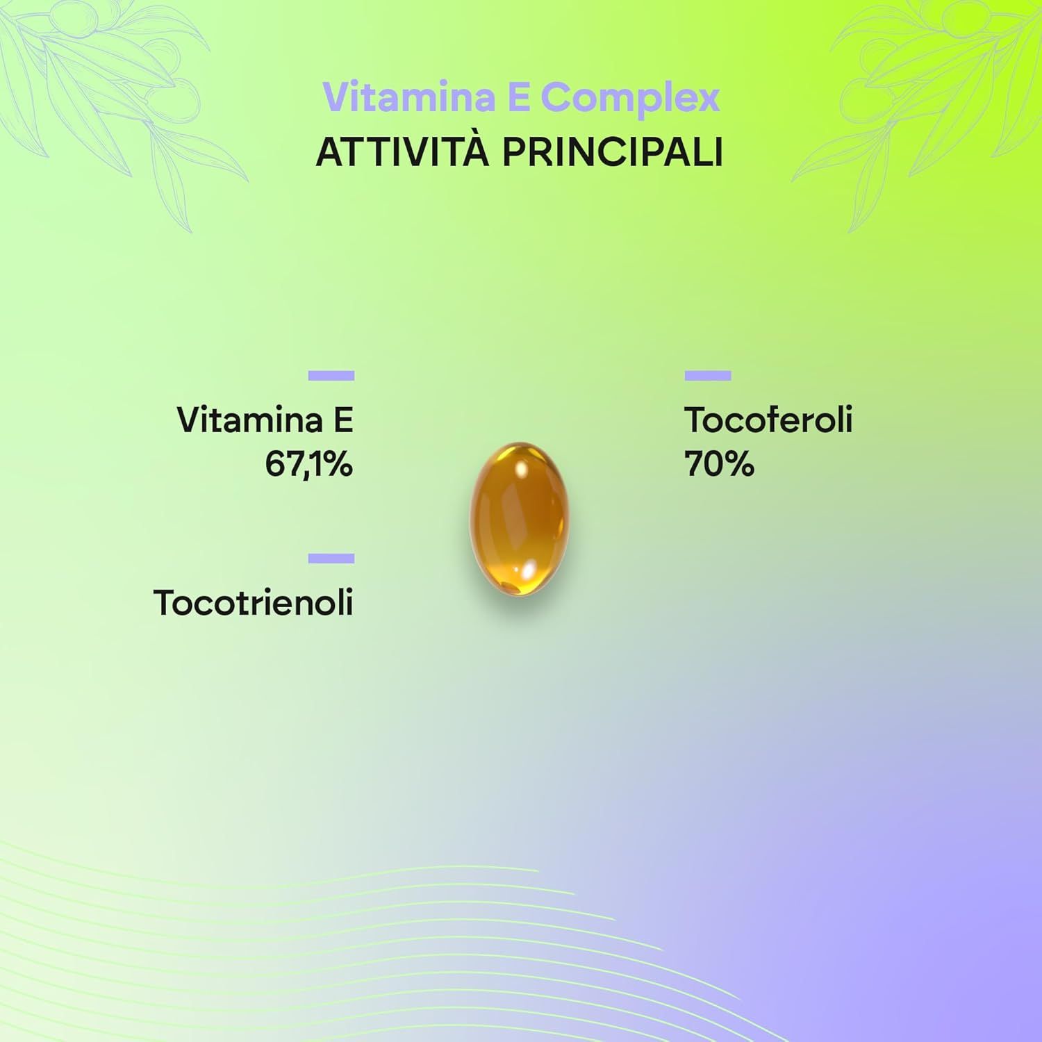 Capsula softgel gialla. Testo: Vitamina E 67,1%, Tocoferoli, Tocoferoli 70%.