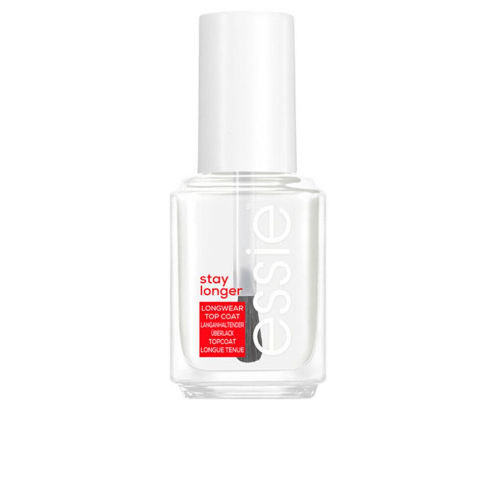Flacone di smalto trasparente con tappo bianco e pennello. Etichetta rossa con testo: stay longer, Top Coat a lunga durata. Essie.