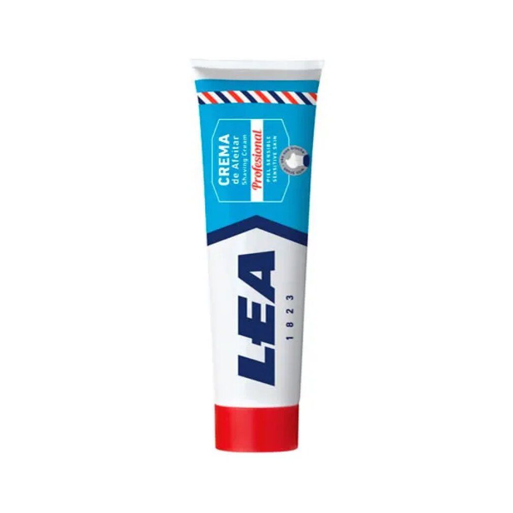 Tubo di crema da barba. Design blu e bianco con tappo rosso. Scritta: CREMA de Afeitar, Profesional, LEA 1823.