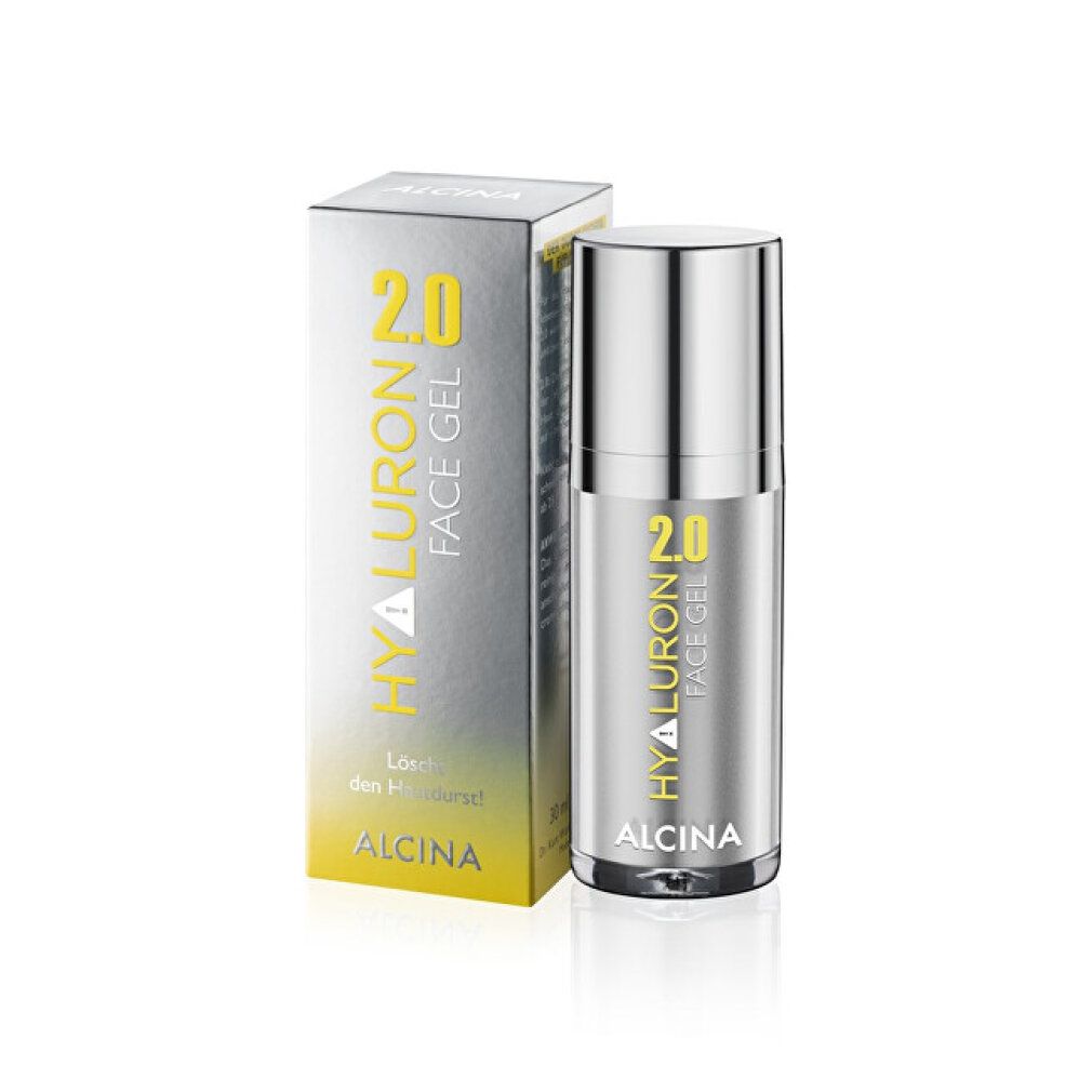 Flacone e scatola. Scritta: Hyaluron 2.0 Face Gel, Alcina. Confezione giallo-argento.