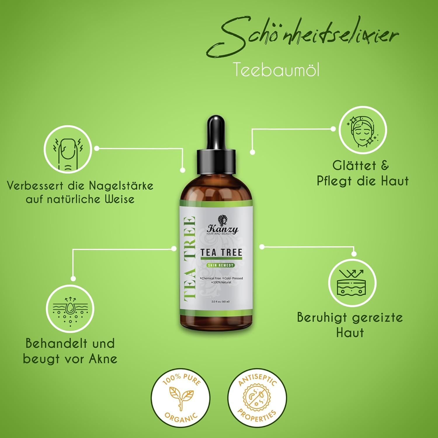 Flacone di vetro marrone Kanzy Tea Tree Oil con contagocce. Etichetta con informazioni sul prodotto. Due cerchi con loghi.