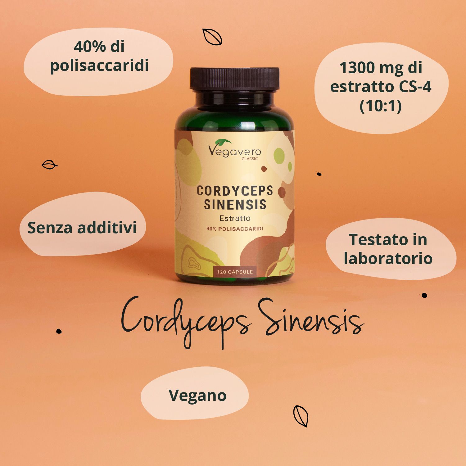 Bottiglia Cordyceps Sinensis Extrakt, 40% polisaccaridi, 120 capsule. Vegavaro Classic. Info: Vegano.