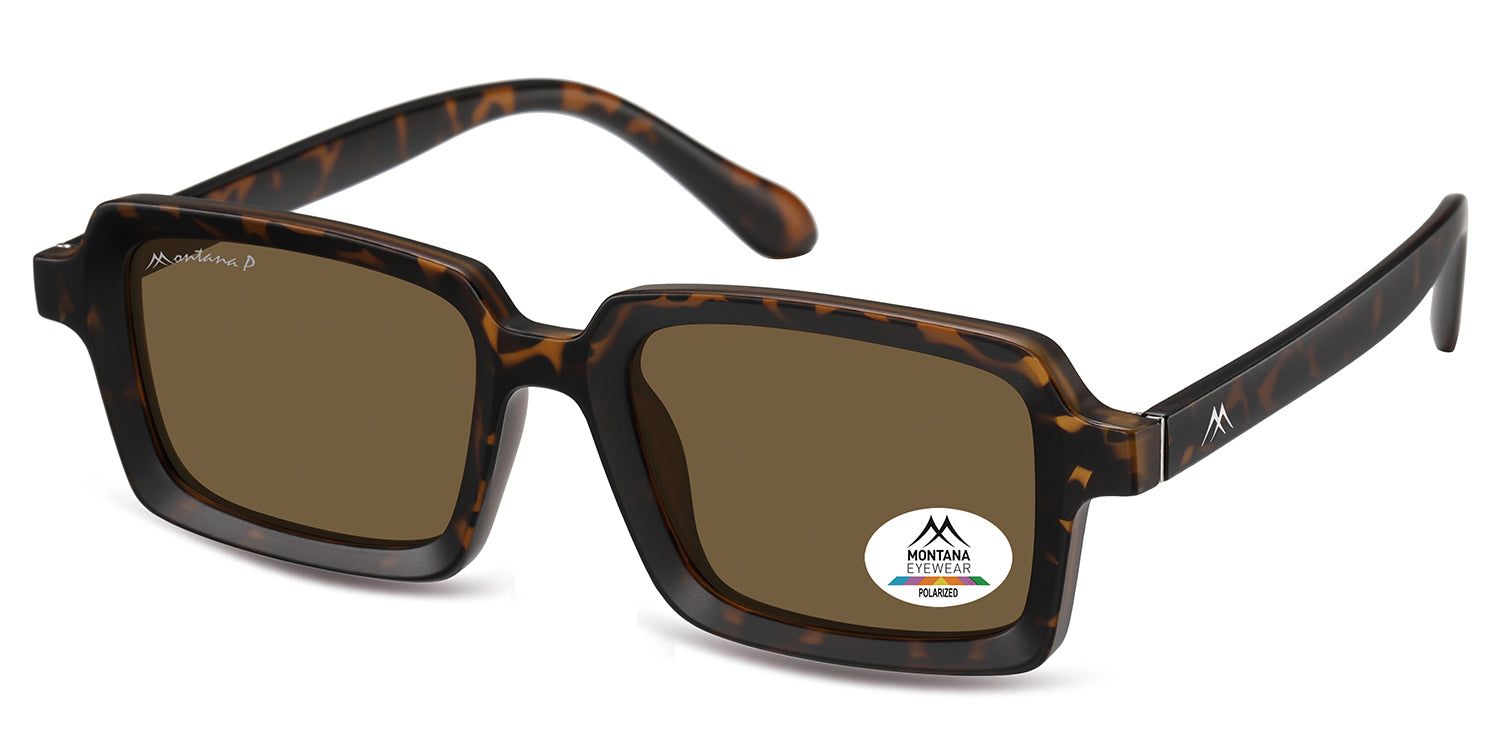 Occhiali da sole con lenti marroni e montatura marrone. Un adesivo con logo e scritta 'Polarized' è visibile su una lente.