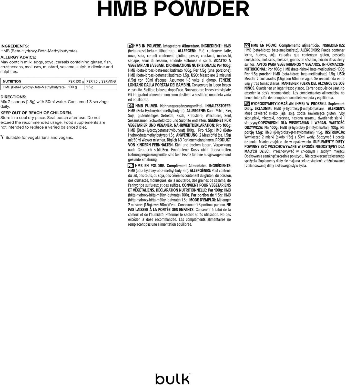 Testo con ingredienti e informazioni nutrizionali per "HMB Powder" di "bulk".