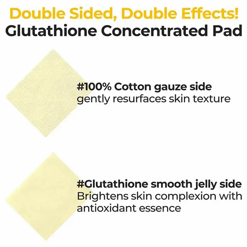 Due tamponi quadrati con testo. Sopra: lato garza di cotone al 100%. Sotto: lato gelatina liscia al glutatione.