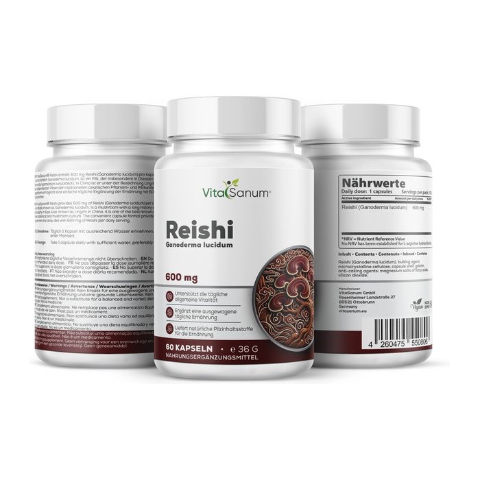 Capsule VitaSanum Reishi, 60 pezzi, 600 mg. Contiene estratto di Ganoderma lucidum.