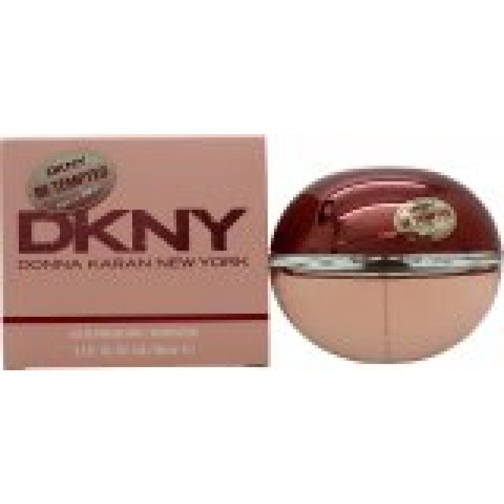 Confezione rosa e flacone. Flacone con tappo marrone e logo DKNY.