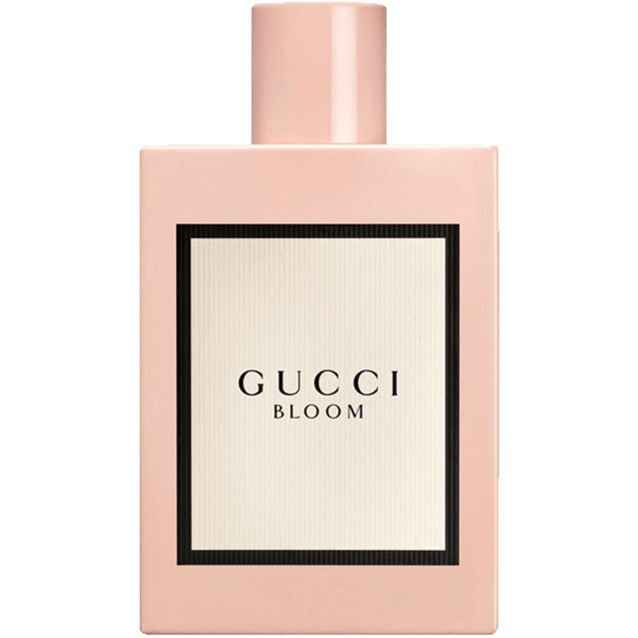 Flacone rosa con cornice nera e scritta.