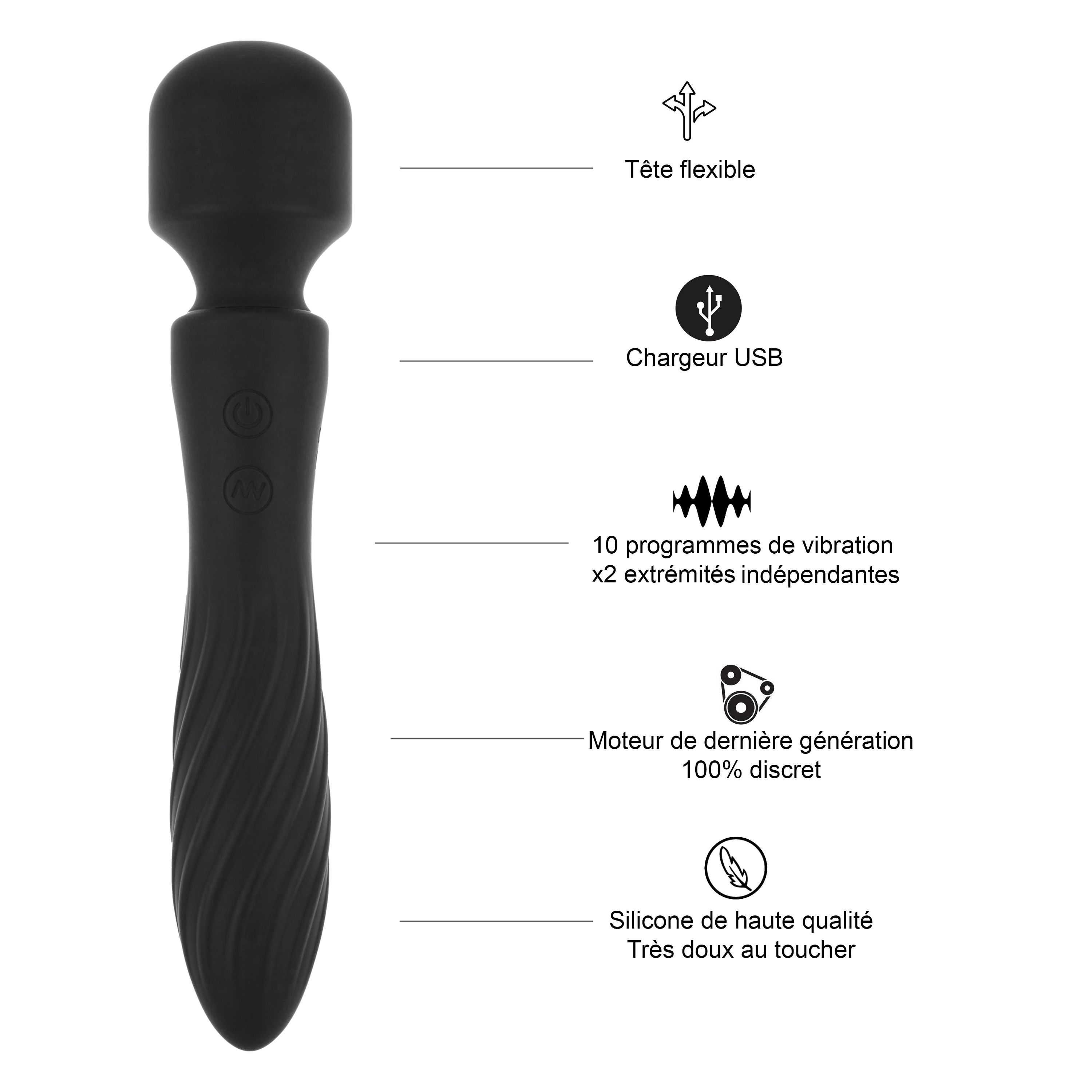 Vibratore nero con testa flessibile, caricatore USB, 10 programmi di vibrazione.