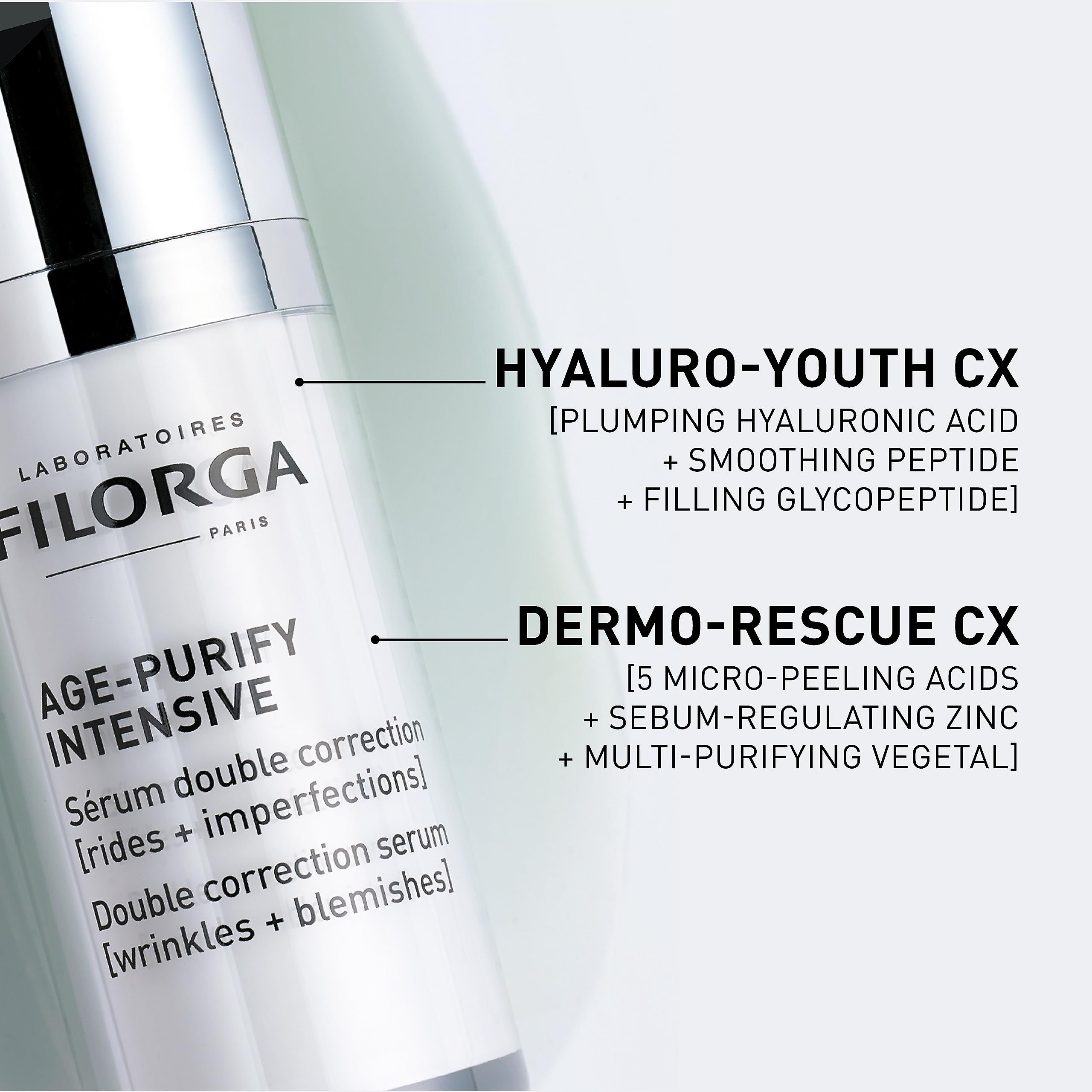 Primo piano del siero Filorga Age-Purify Intensive. Testi in evidenza: Hyaluro-Youth CX e Dermo-Rescue CX.
