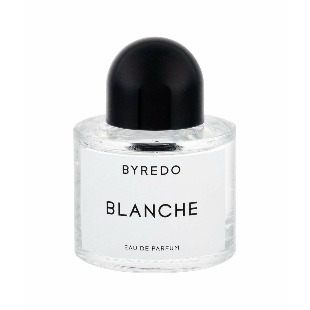 Flacone rotondo in vetro con tappo nero. Byredo Blanche Eau de Parfum. Scritta nera.