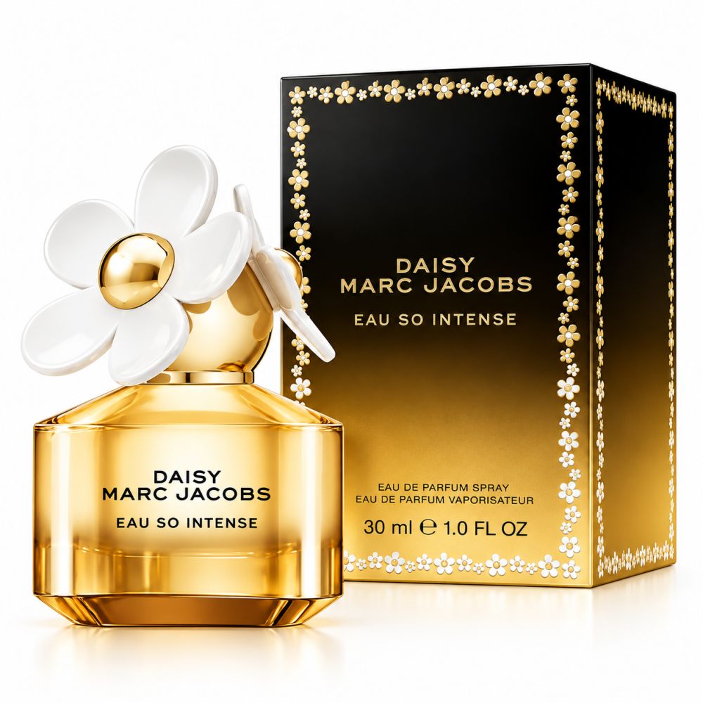 Profumo da donna Marc Jacobs Daisy Eau So Intense, flacone da 30 ml con applicazione floreale e scatola coordinata.