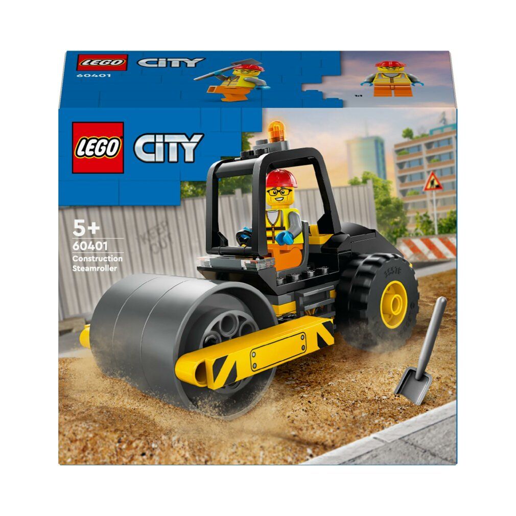 LEGO City 60401. Rullo compressore nero e giallo. Include un personaggio e una pala. La confezione mostra il set. Per bambini dai 5 anni.