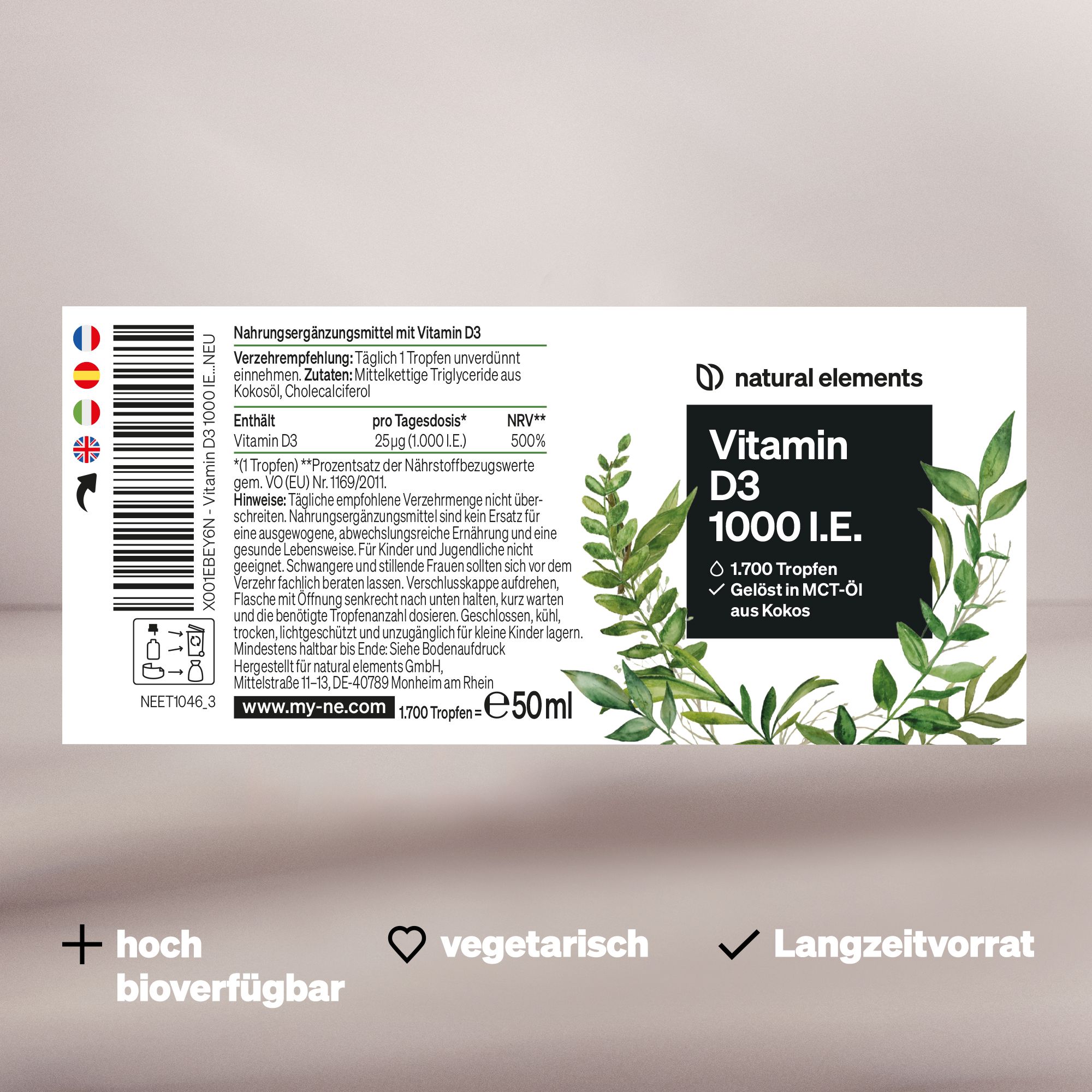 Etichetta con informazioni sul prodotto e logo "natural elements". Contiene testo in tedesco e simboli per vegetariano e lunga durata.