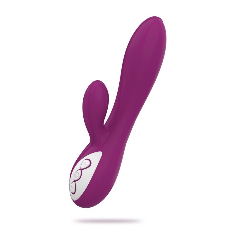 Vibratore viola con due stimolatori e accento bianco. Vista laterale.