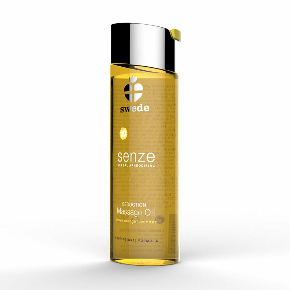 Flacone cilindrico di olio per massaggio. Scritte: Swede, Senze, Massage Oil. Tappo argentato con chiusura gialla.