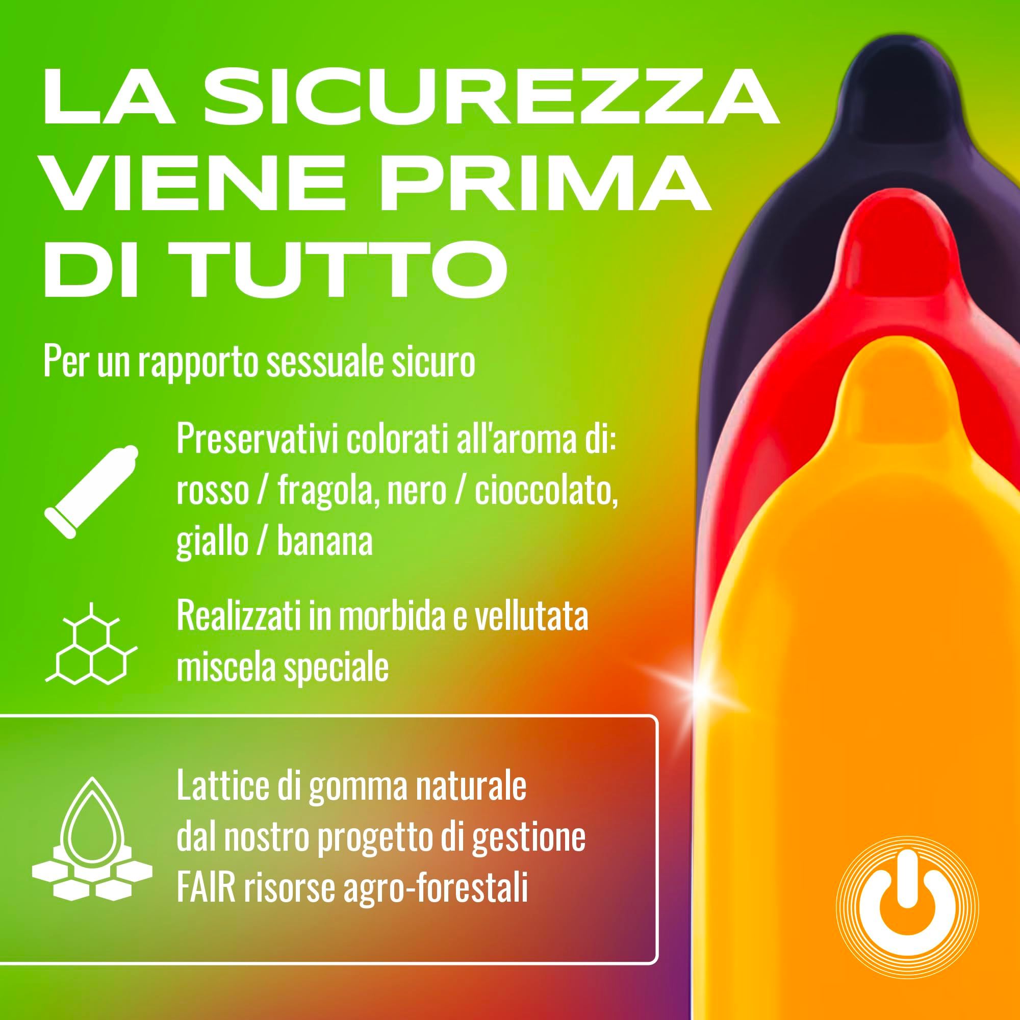 Preservativi ON in lattice di gomma naturale, aromatizzati: fragola, cioccolato, banana.