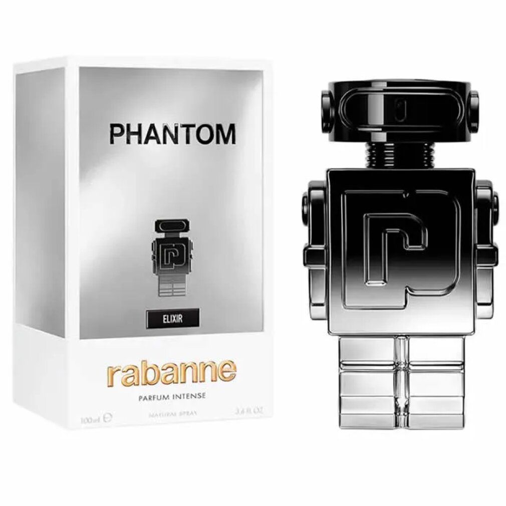 Flacone di profumo a forma di robot, argento-nero. Confezione con scritta "Phantom" e "rabanne".