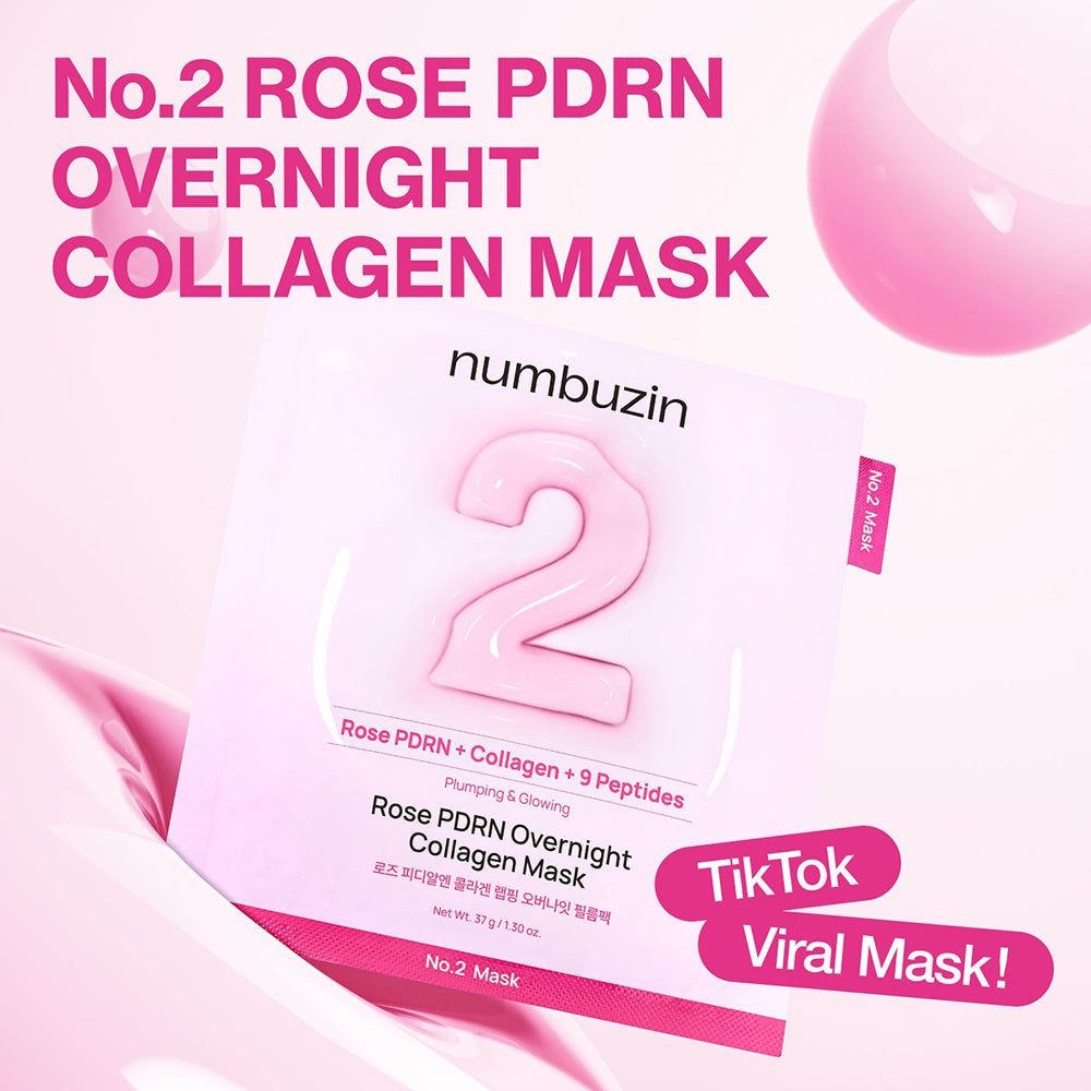 Confezione della maschera idrogel collagene notte Nr.2 Rose PDRN di NUMBUZIN, promossa come maschera virale TikTok.