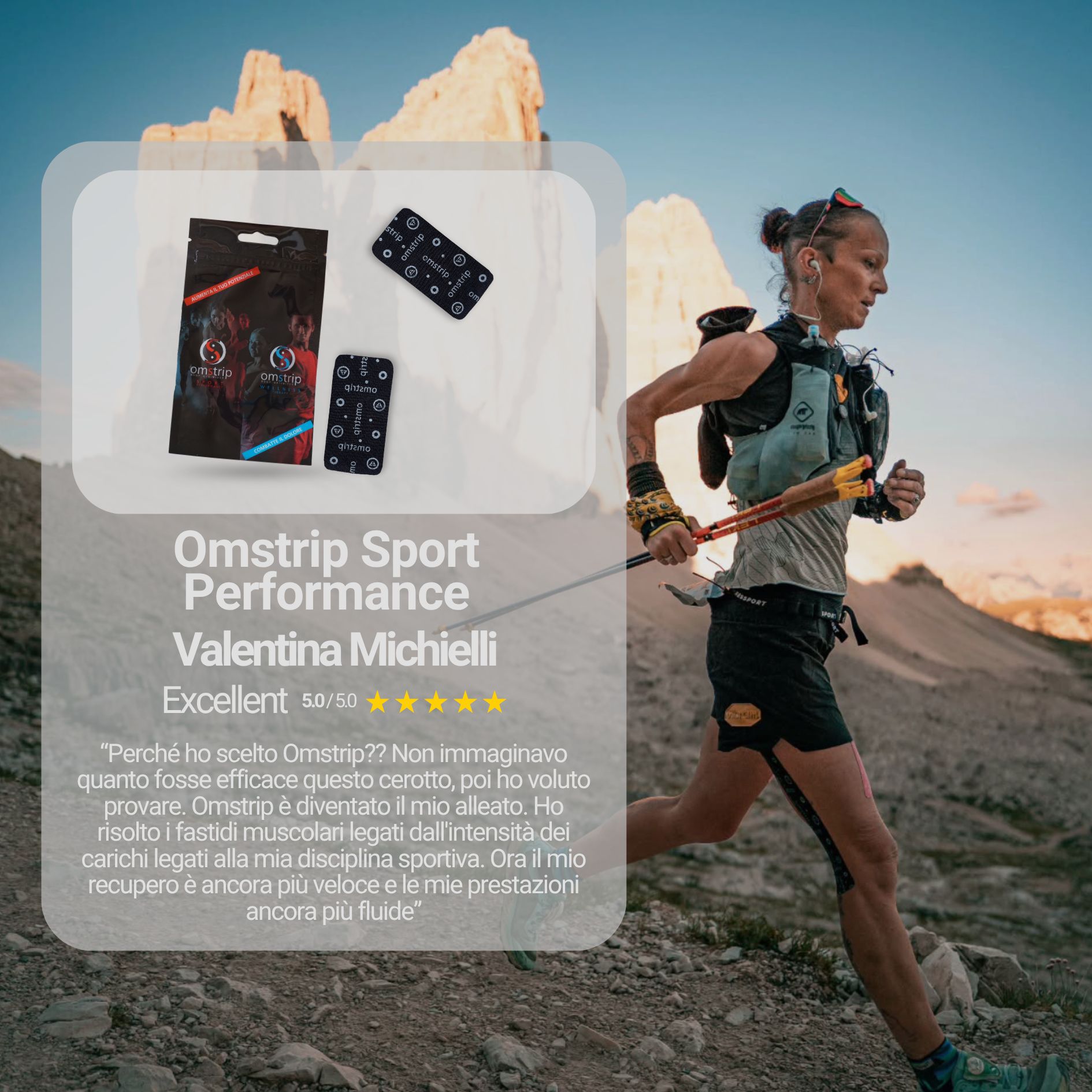 Corridora con strisce Omstrip. Testo: Omstrip Sport Performance. Valutazione: Excellent 5.0/5.0.