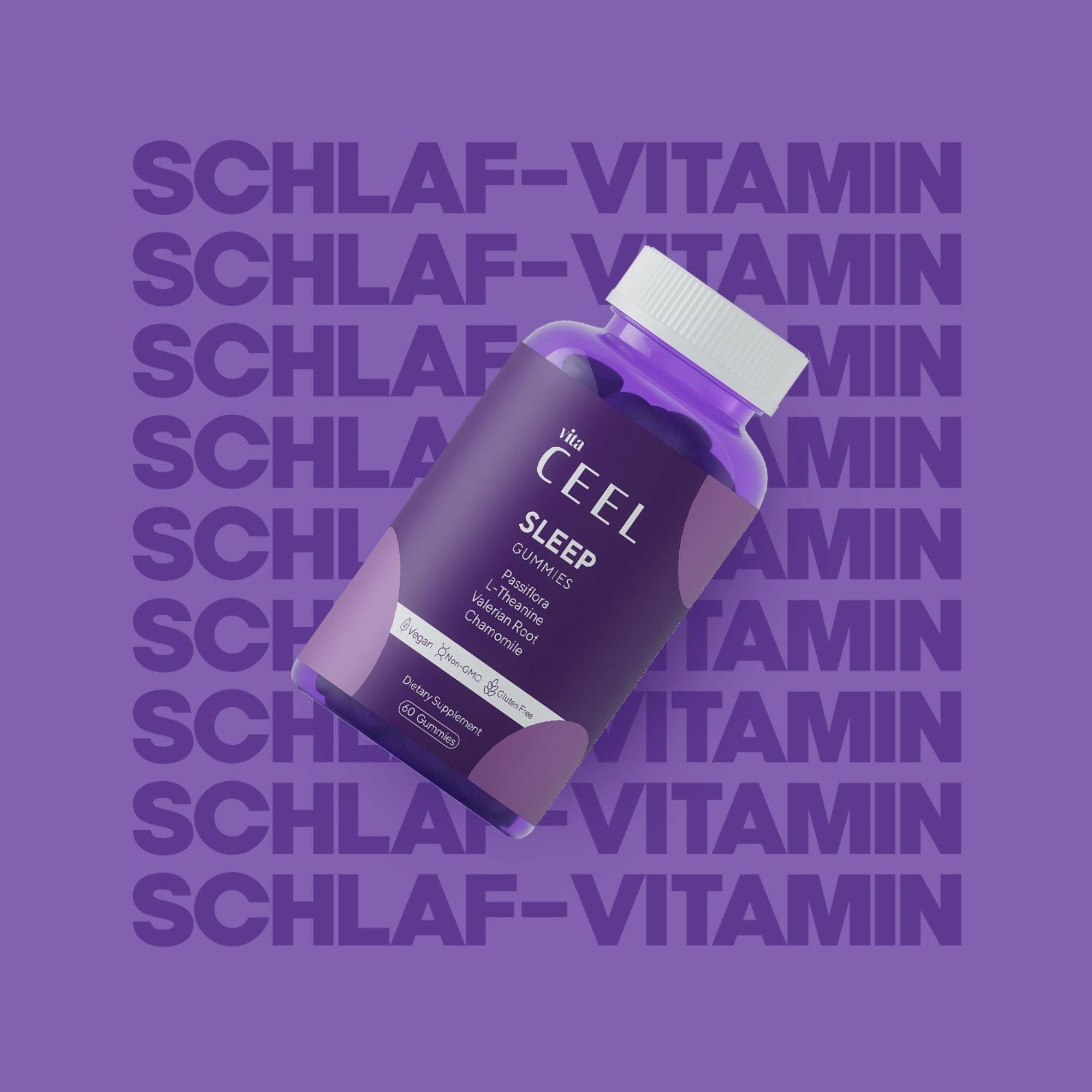 Flacone di Vita Ceel Sleep Gummies davanti a uno sfondo viola con testo ripetuto.