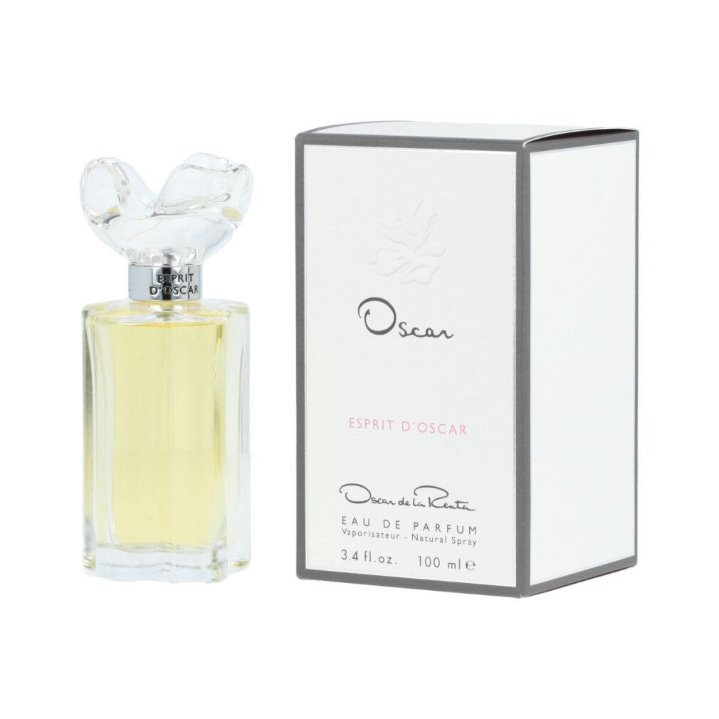 Flacone di profumo e scatola. Flacone con tappo a forma di fiore. Scritta: Oscar, Esprit d'Oscar, Eau de Parfum.