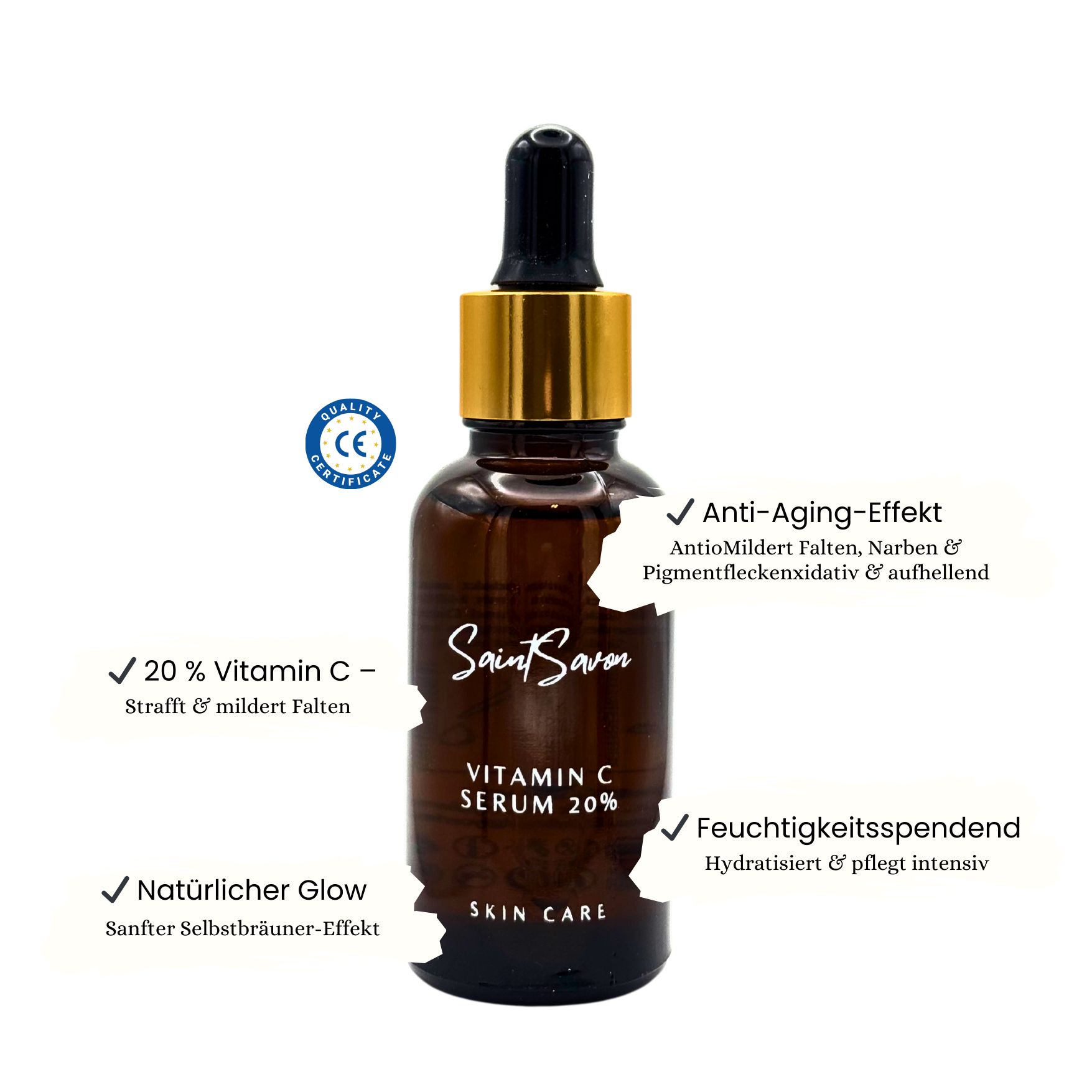 Flacone di vetro marrone con pipetta dorata. Scritta: Saint Savon Vitamin C Serum 20% Skin Care. Con certificato.