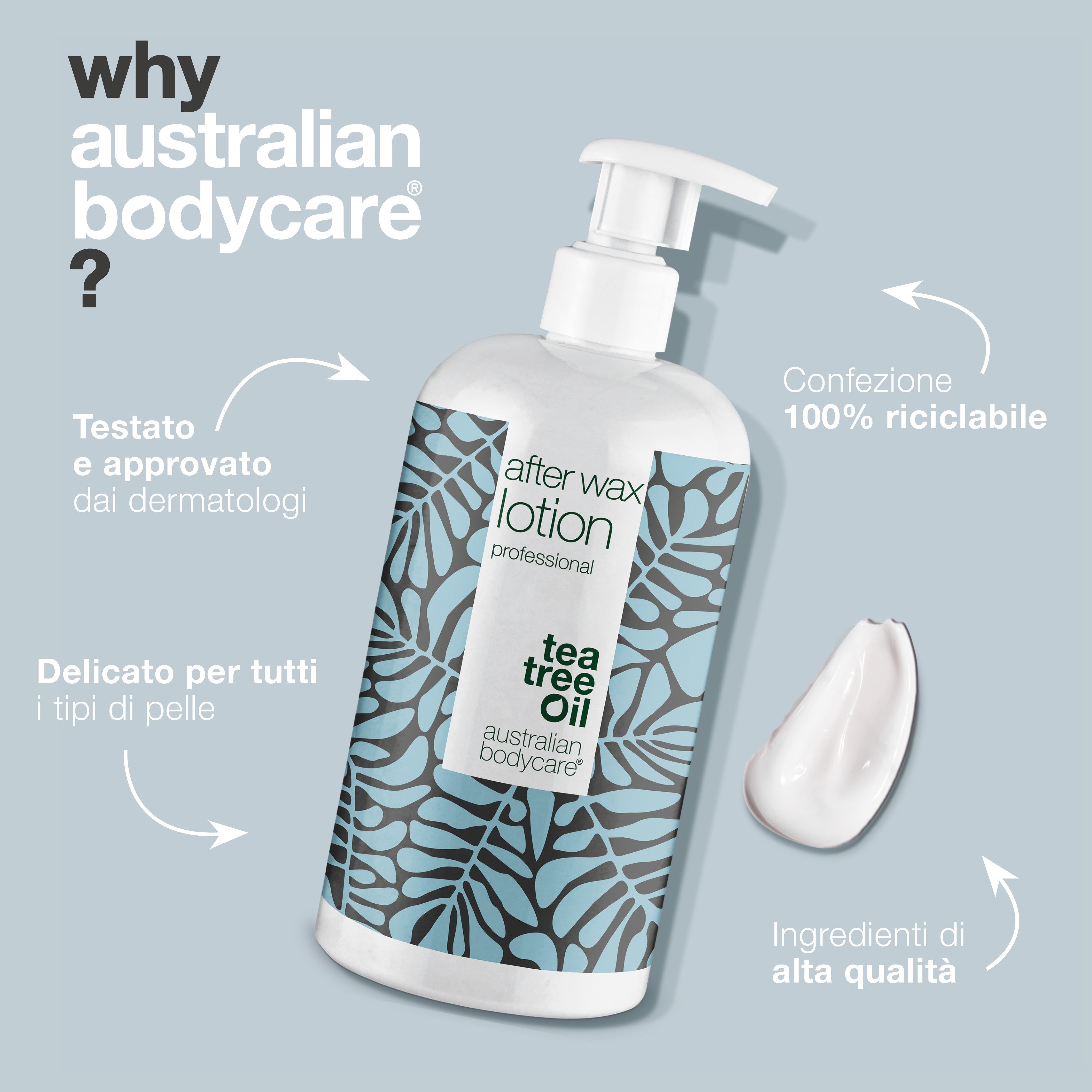 Flacone After Wax Lotion con testo. Testo: Testato, approvato dai dermatologi, delicato per tutti i tipi di pelle, 100% riciclabile.