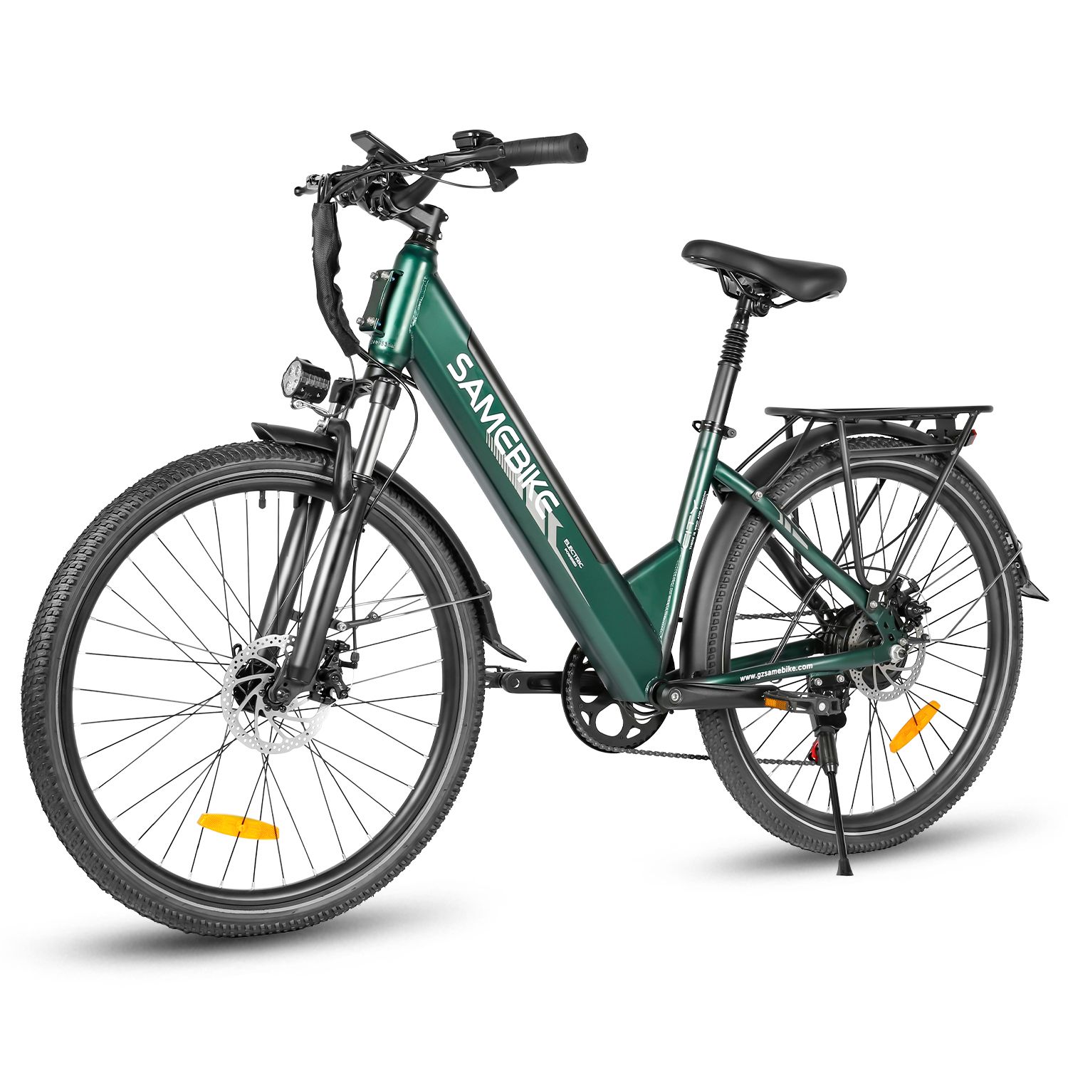 E-bike verde. Marchio SAMEBIKE. Pneumatici neri, portapacchi, faro. Batteria 36V 15Ah.