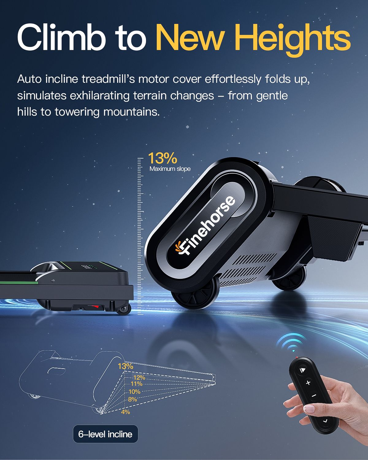 Tapis roulant con inclinazione a 6 livelli. Testo: Climb to New Heights. Marchio Finehorse. Telecomando. 13% pendenza massima.