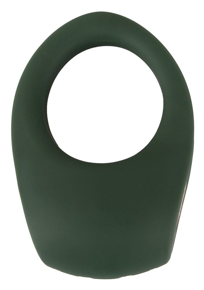 Anello fallico verde scuro di forma ovale con foro circolare. Superficie liscia senza texture.