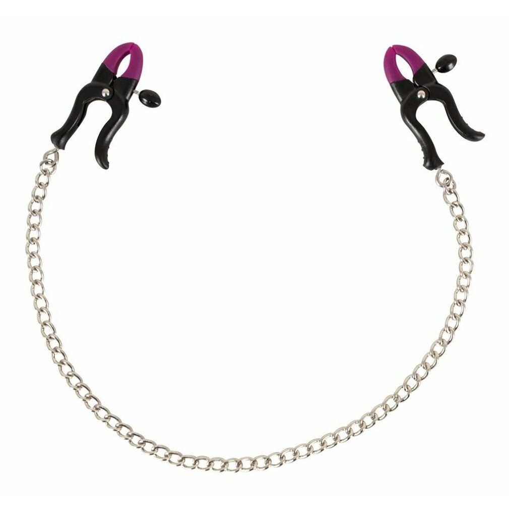 Due pinze nere con punte in silicone viola, collegate da una catena. Viti regolabili.