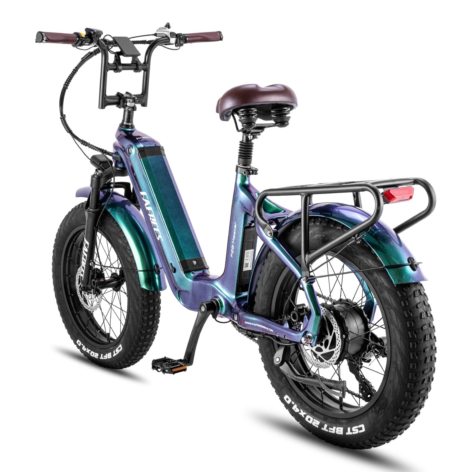 E-bike Fafrees F20 Master. Vernice verde-blu, pneumatici larghi, portapacchi, sella marrone. Logo Fafrees visibile.