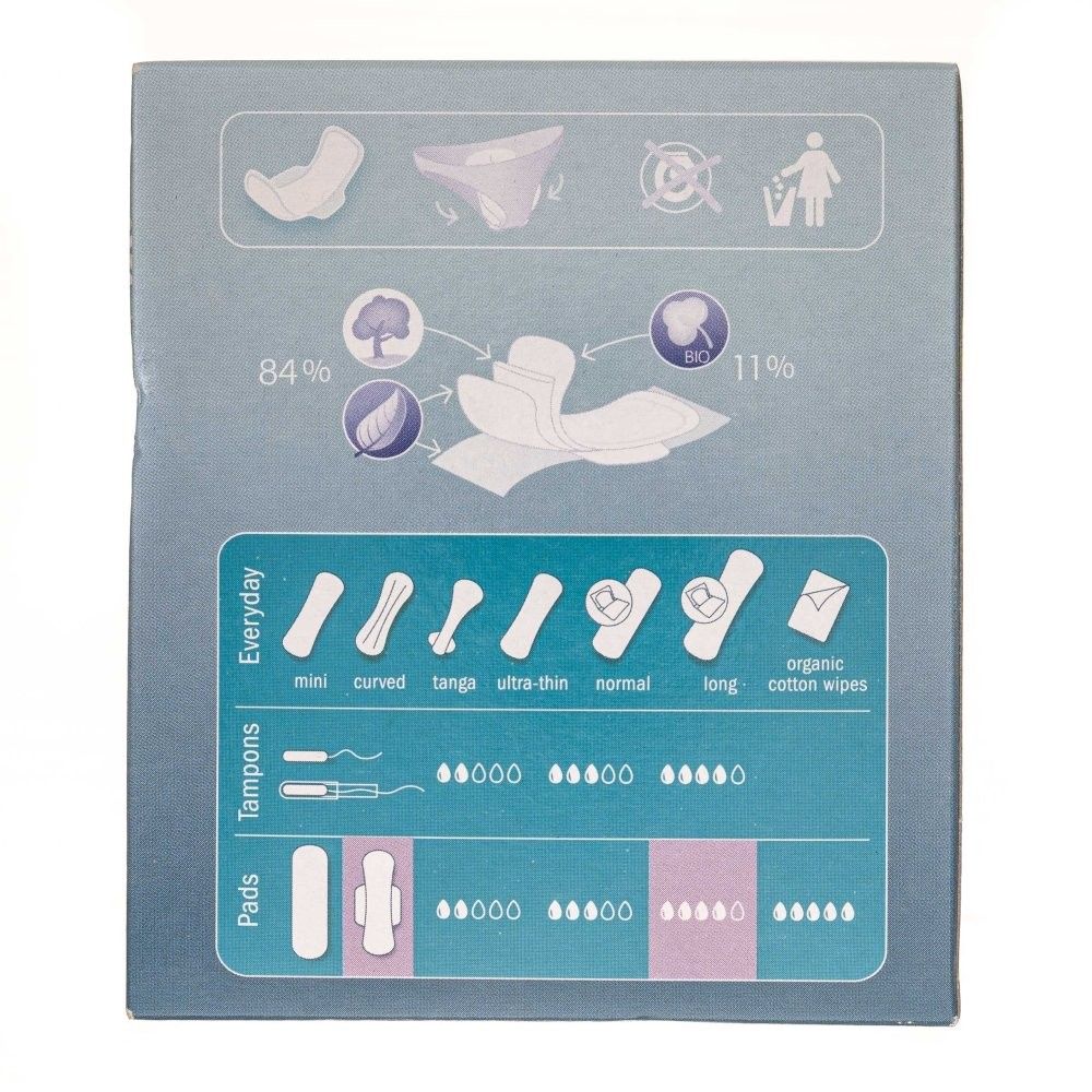 Diagramma della confezione che mostra vari prodotti per l'igiene femminile come salvaslip, tamponi e assorbenti in diverse dimensioni e stili.