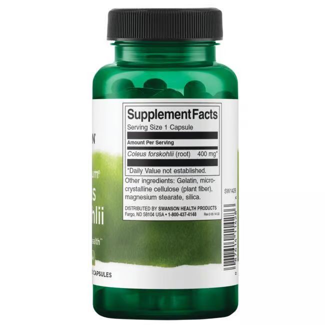 Retro di un flacone verde con capsule. Scritta: Supplement Facts. Coleus forskohlii (radice) 400 mg. Altri ingredienti.