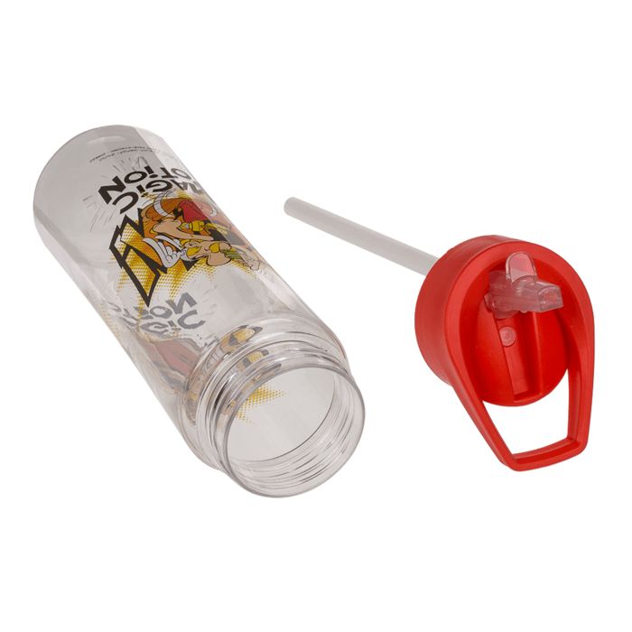 Borraccia trasparente con tappo rosso e cannuccia. Stampa: personaggio dei fumetti e scritta "Magic Potion".