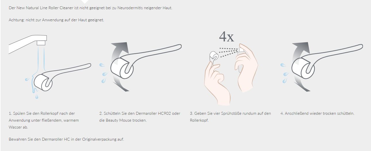 Illustrazioni per l'uso di Roller Cleaner. Passaggi: risciacquare, spruzzare, asciugare. Testo: Il Roller Cleaner New Natural Line non è adatto alla pelle neurodermica.