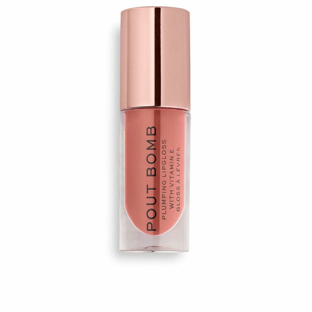 Flacone di lucidalabbra rosa. Scritta: Pout Bomb, Plumping Lipgloss with Vitamin E, Gloss à Lèvres.
