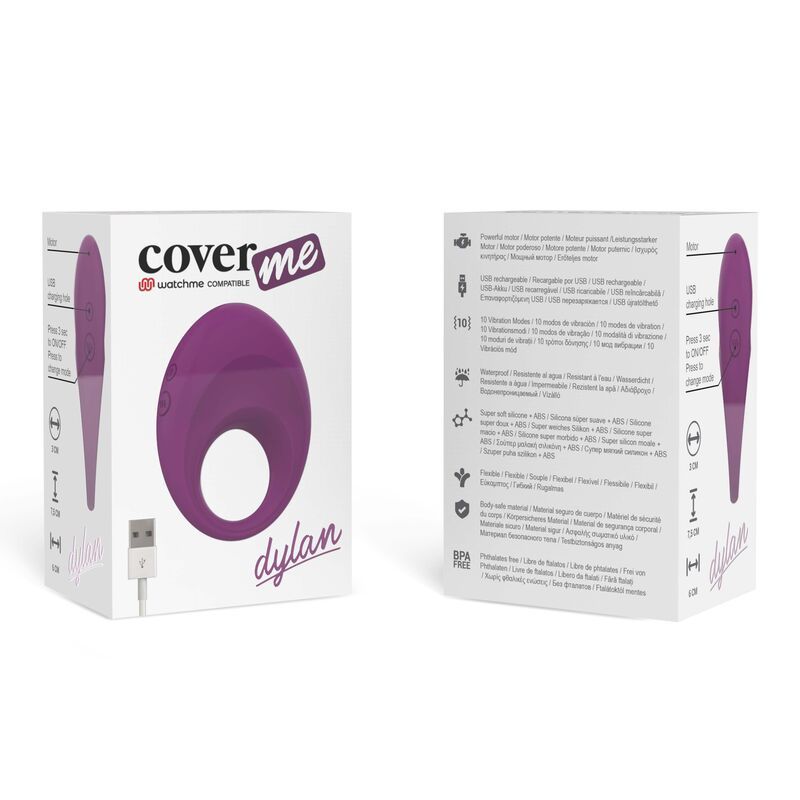 Confezione di Coverme Dylan. Prodotto e cavo USB illustrati. Testo: Dylan, watchme cosmetics.