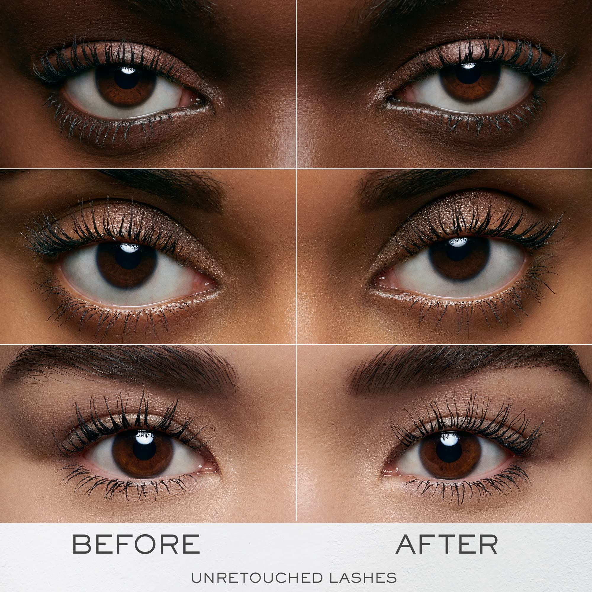 Confronto prima-dopo delle ciglia. Occhi di tre donne. Scritta: BEFORE, AFTER, UNRETOUCHED LASHES.