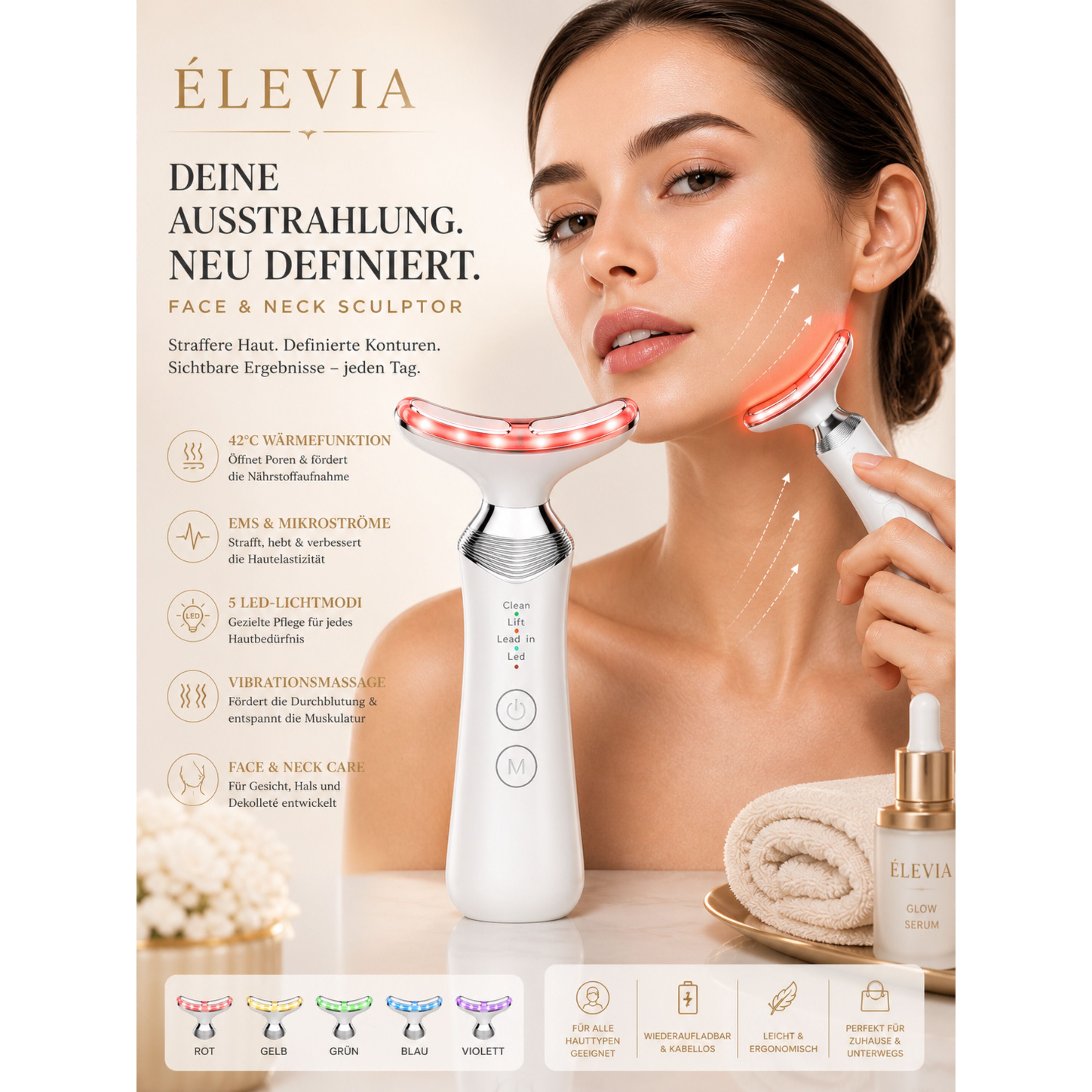 Massaggiatore viso con LED rossi, circondato da una donna che lo usa.