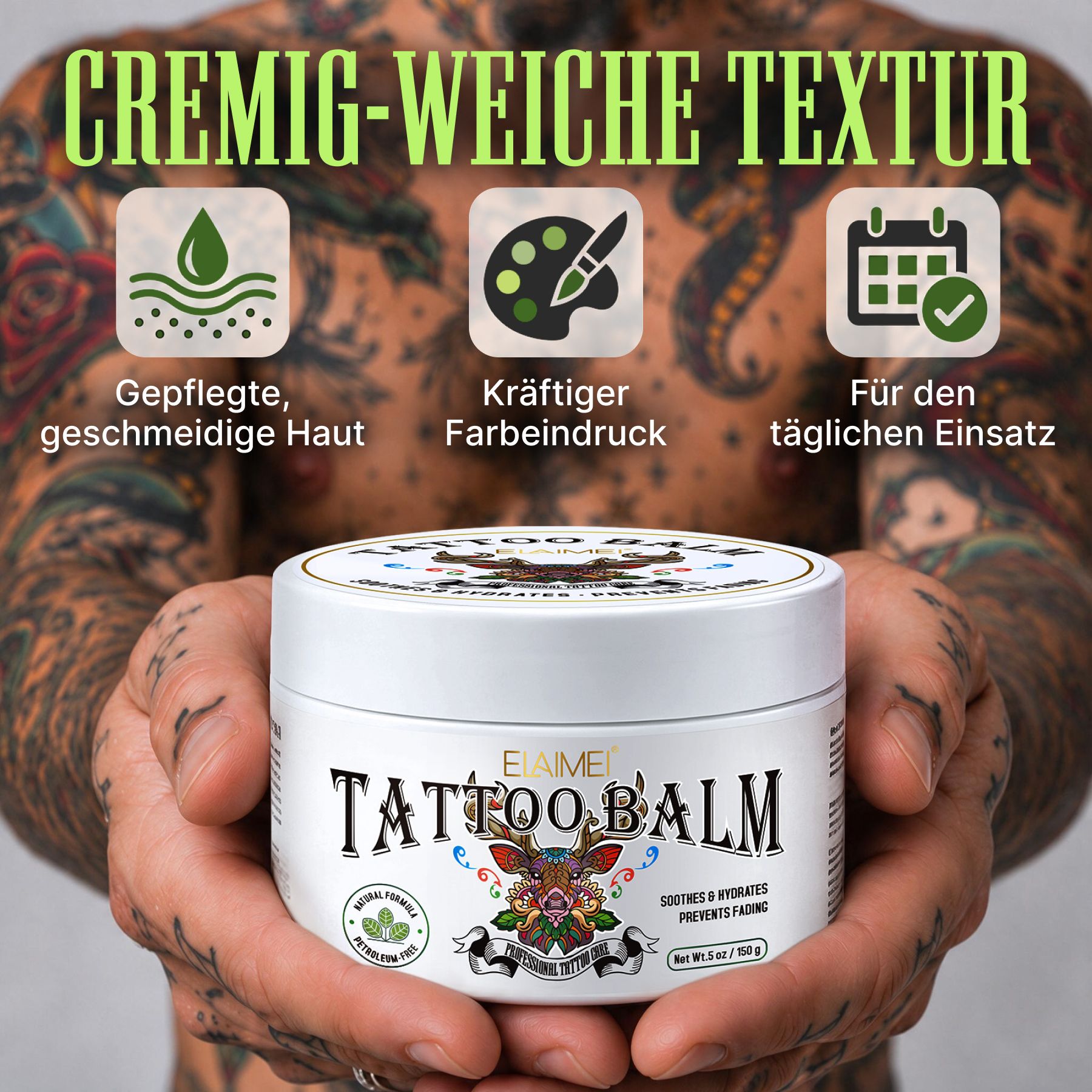 ELAIMEI Tattoo Balm in un barattolo bianco, tenuto da mani tatuate.