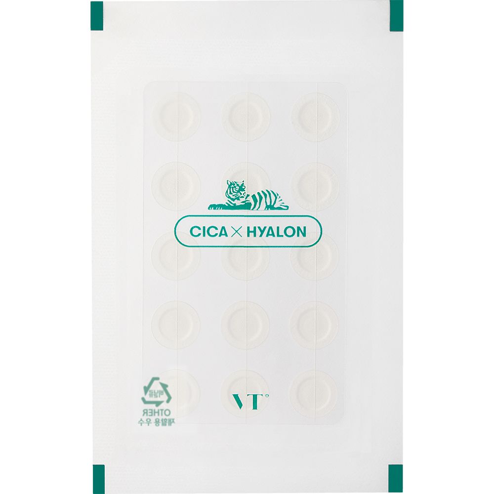 Confezione trasparente con cerotti rotondi. Logo: CICA x HYALON. Logo: VT. Bordo verde.