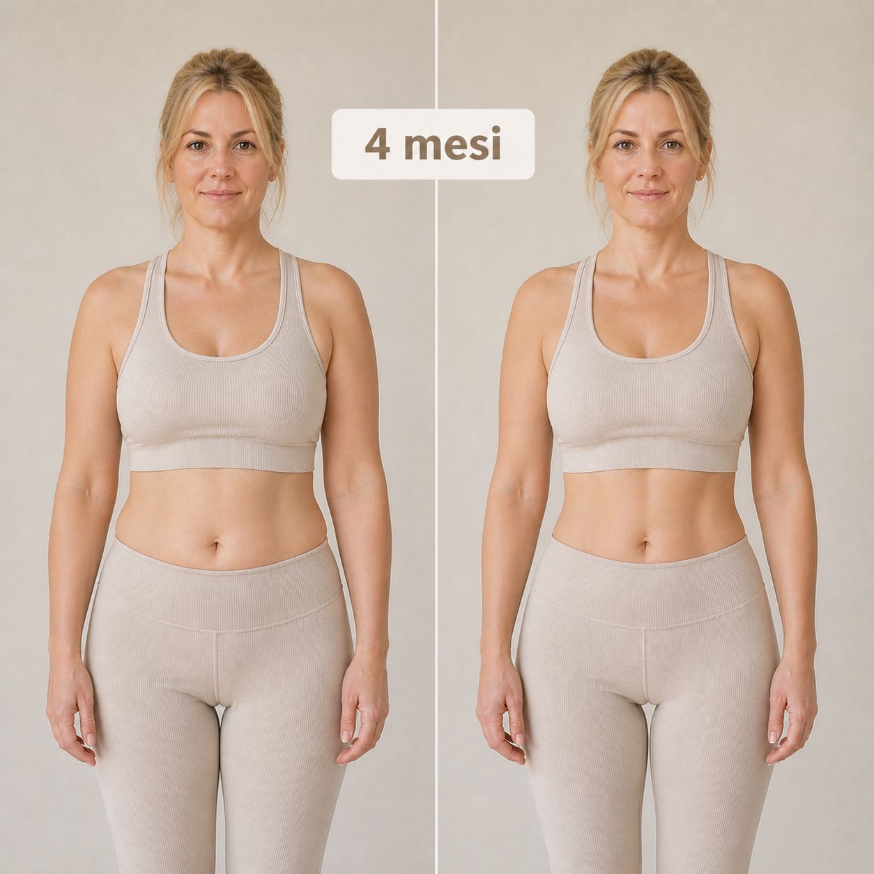Due immagini di una donna in abbigliamento sportivo. A sinistra: prima. A destra: dopo 4 mesi. Riduzione del girovita.